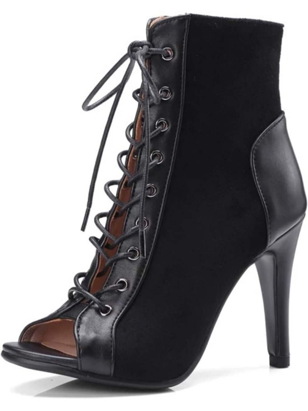 Women's Black Suede Mesh Sandals Peep Toe High Top Sandals Lace Up Pump Shoes